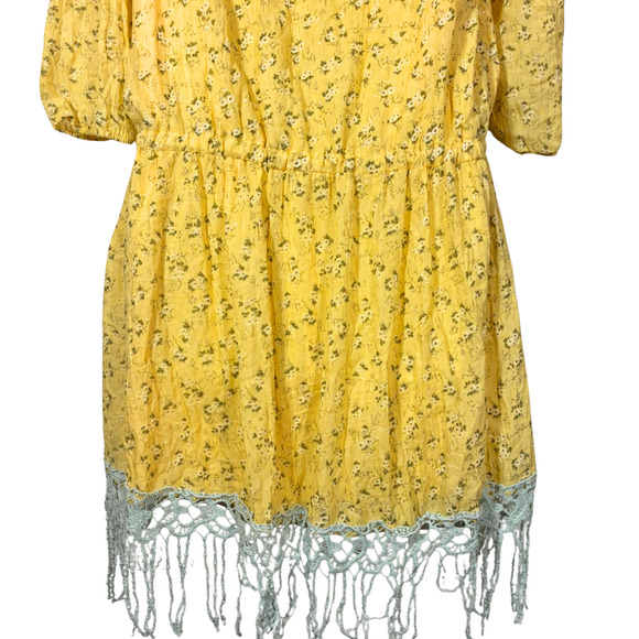 A'reve Anthropologie Yellow Floral Dress Drop Waist Lace Hem Butter Large Midi - Picture 8 of 14